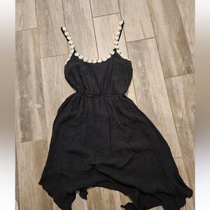 Black Sleeveless Dress with Floral Trim